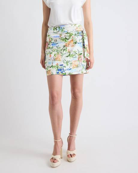 Linen-Blend Wrap Mini Skirt