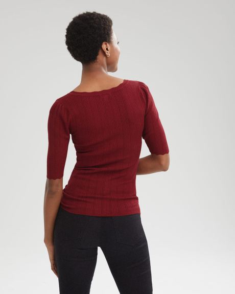 Scalloped Neck Elbow-Sleeve Sweater