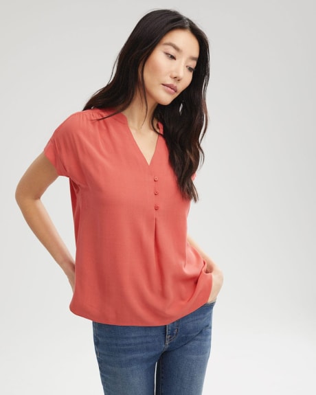 Split Neck Popover Blouse with Pleated Shoulders