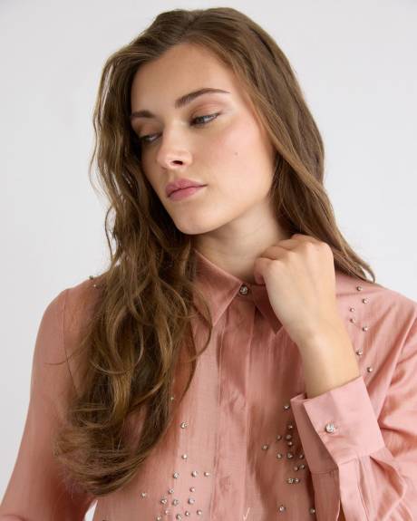 Long-Sleeve Buttoned-Down Blouse with Rhinestones