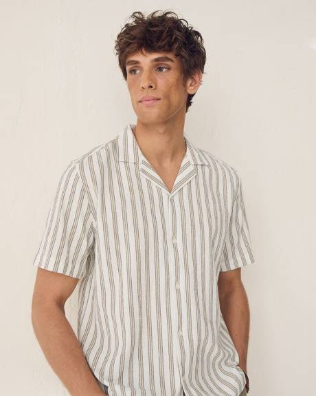 Chemise Ray&eacute;e en Coton &agrave; Coupe R&eacute;guli&egrave;re &agrave; Manches Courtes et Col Camp