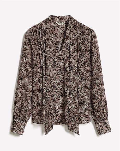 Blouse à Manches Longues à Col V avec Ruban à l'Encolure