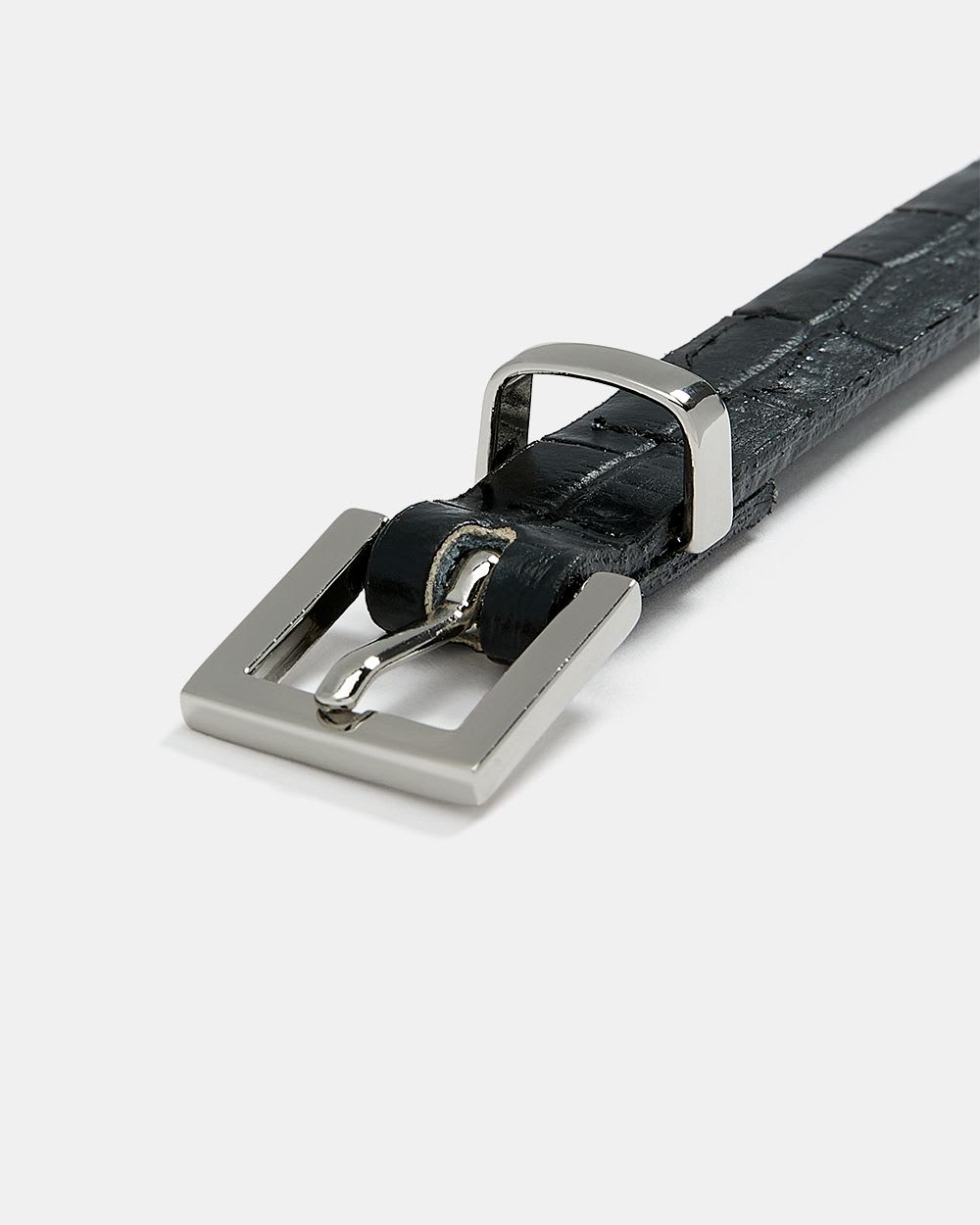 Skinny Croco Leather Belt with Square Buckle