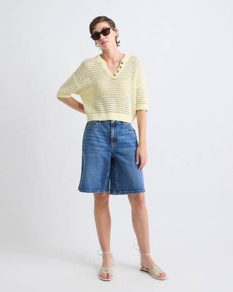 Pull Henley Crocheté à Manches aux Coudes