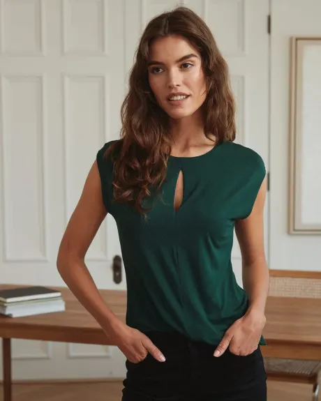Extended Shoulder Crew-Neck T-Shirt with Front Keyhole