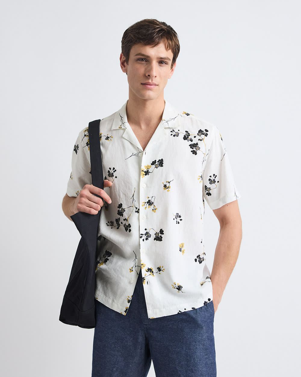 Short-Sleeve Camp-Collar Cropped Shirt with Floral Print