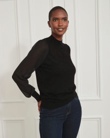 Mock-Neck Pointelle Sweater with Chiffon Sleeves
