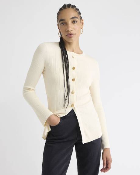 Flare-Sleeve Crew-Neck Ribbed Cardigan