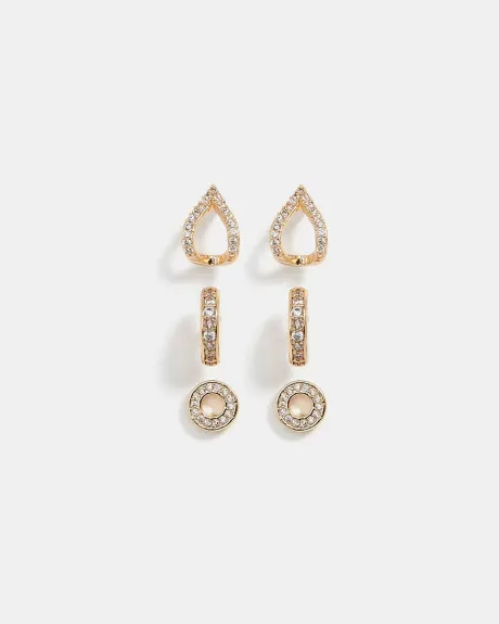 Golden Stud Earrings - 3 Pairs