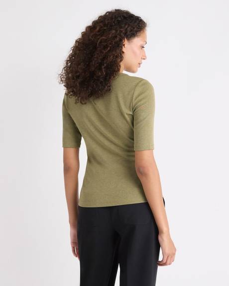 T-Shirt Ajusté à Manches aux Coudes et Col Rond