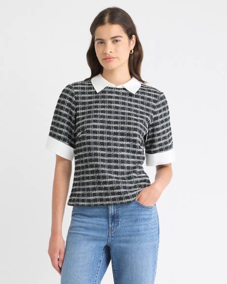 Tweed Short-Sleeve Top with Shirt Collar