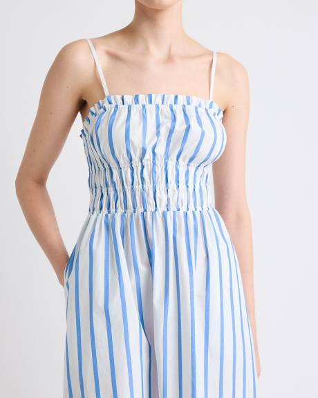 Robe Midi Cintrée et Évasée Rayée Sans Manches avec Haut Smocké en Popeline