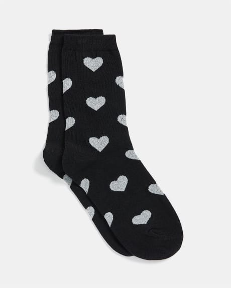 Black Crew Socks With a Silver Heart Pattern