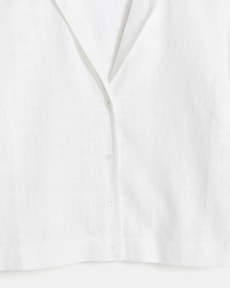Linen Blend Button-Down Short Sleeve Blouse