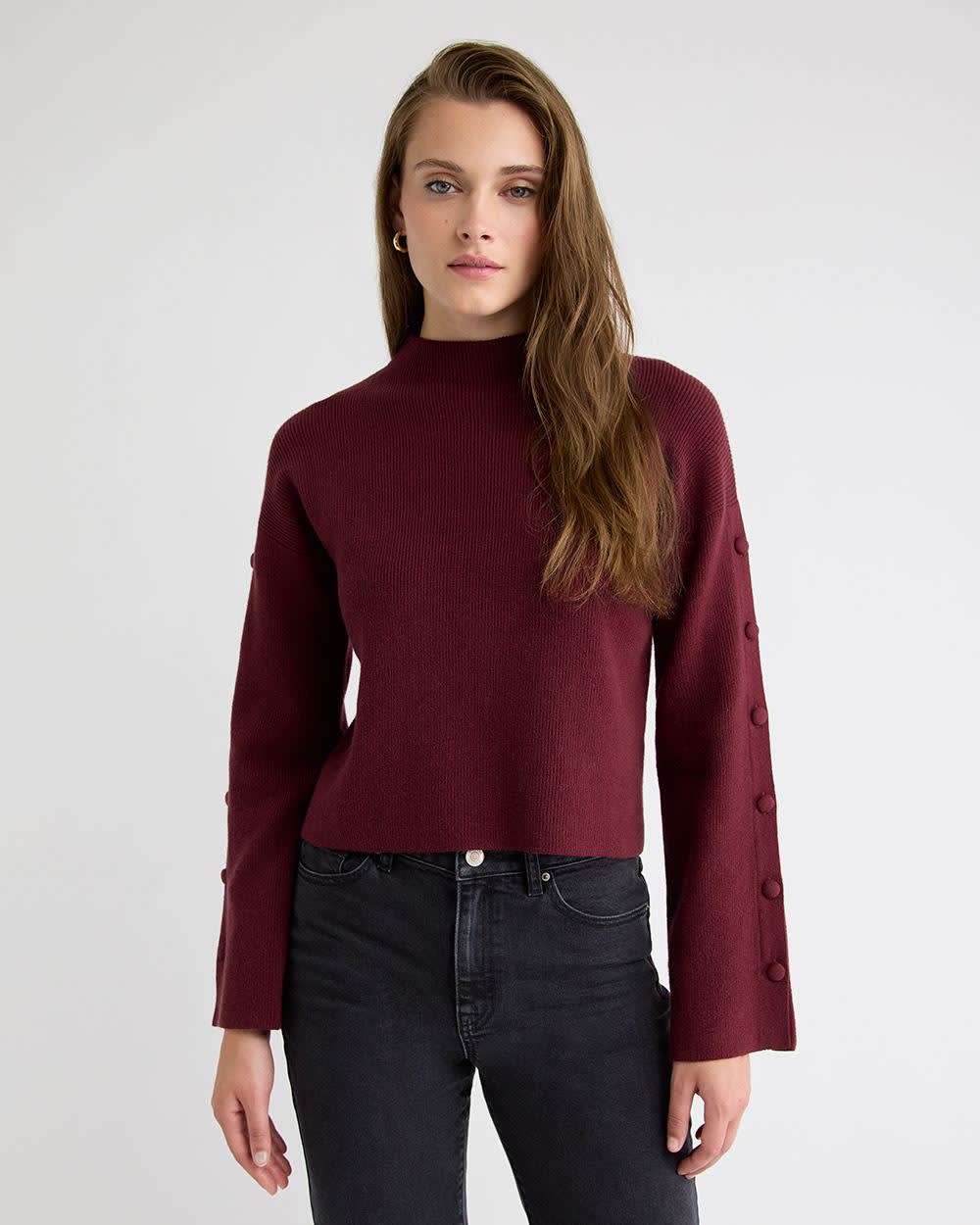 Mock-Neck Sweater with Buttons on Sleeves