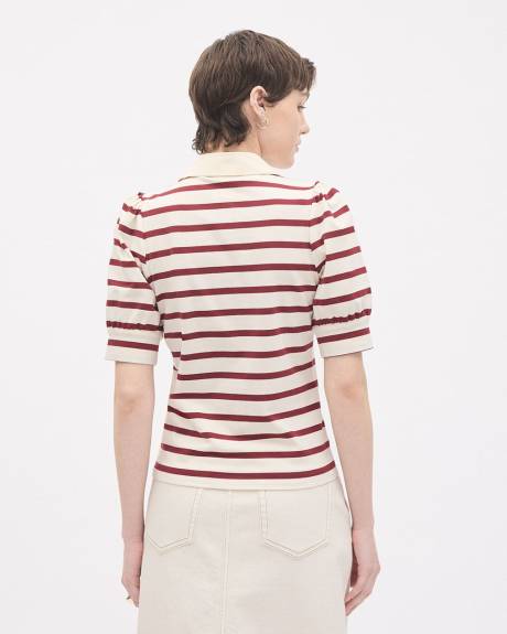 Puffy-Elbow-Sleeve V-Neck Striped Polo