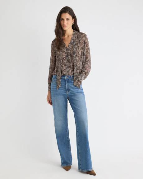 Blouse à Manches Longues à Col V avec Ruban à l'Encolure