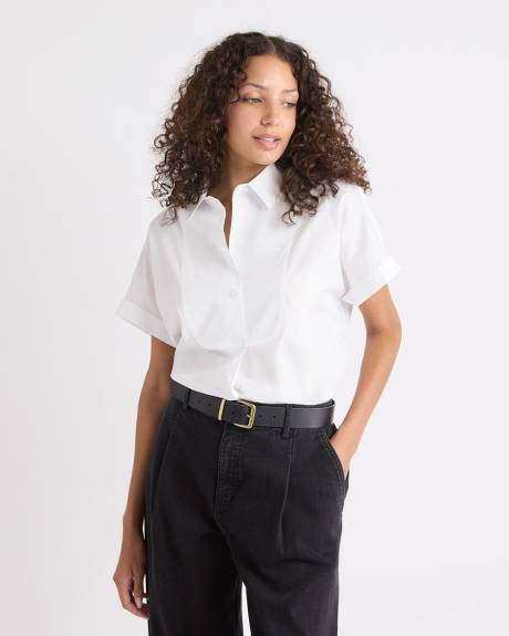 White Extended-Sleeve Poplin Bib Blouse with Shirt Collar