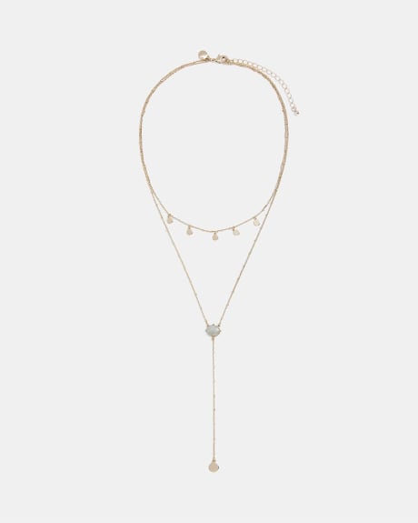 Y Shape Two-Row Necklace with Semi-Precious Stone