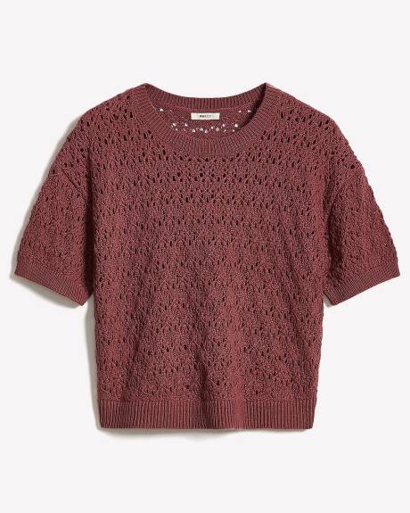 Pull à Col Rond et Manches Courtes en Mailles de Fantaisie