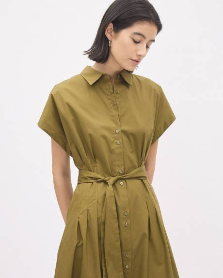 Robe Maxi en Popeline &agrave; Manches Tr&egrave;s Courtes et Col Chemisier