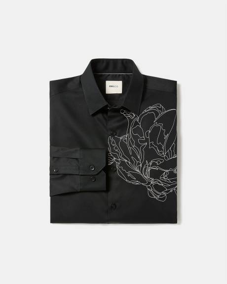 Chemise Habill&eacute;e Noire &agrave; Coupe &Eacute;troite avec Motif Floral Blanc