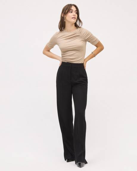 Elbow-Sleeve Crew-Neck Ribbed Top with Shirred Details