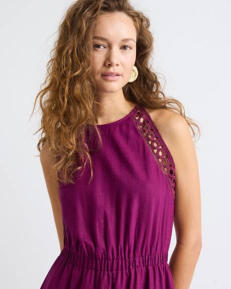 Robe Midi Sans Manches &agrave; Col Licou en M&eacute;lange de Lin