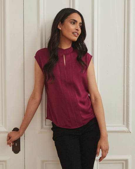 Mixed Media Satin Extended Shoulder Blouse with Front Keyhole