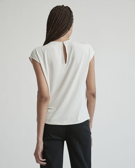 Chiffon Extended Shoulder Bi-Fabric T-Shirt with Lace Trim Band