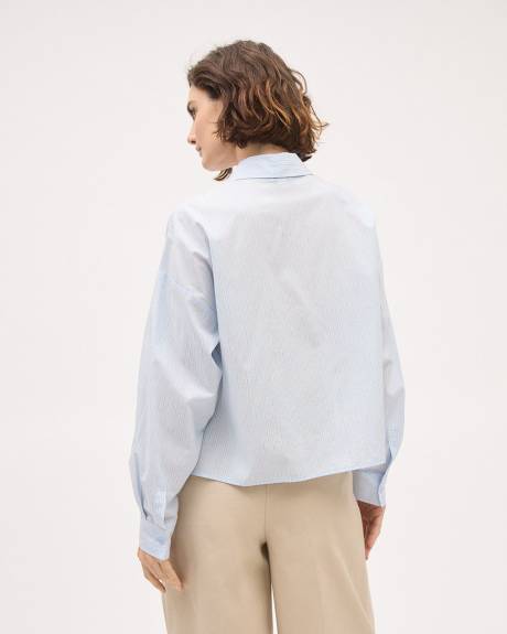 Cropped Long-Sleeve Buttoned-Down Striped Poplin Blouse