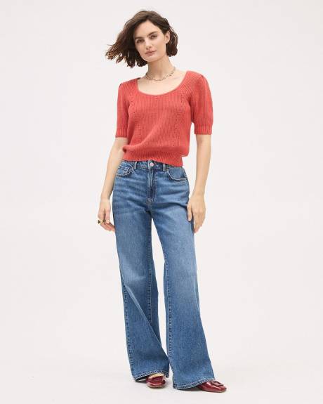 Elbow-Sleeve Square-Neck Cropped Textured Top