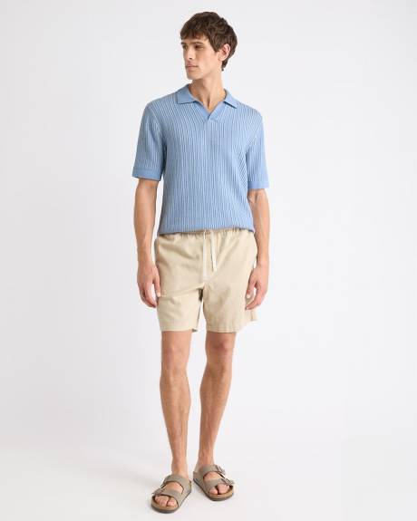 Pull &agrave; Manches Courtes et Col Johnny &agrave; Mailles Verticales &agrave; Deux Tons