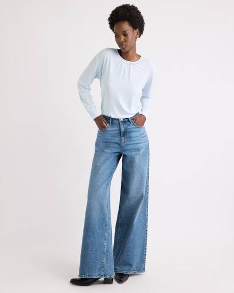 Long-Sleeve Top with Shirred Crew Neckline