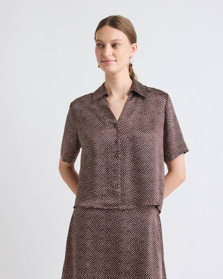 Short-Sleeve Buttoned-Down Dotted Satin Blouse