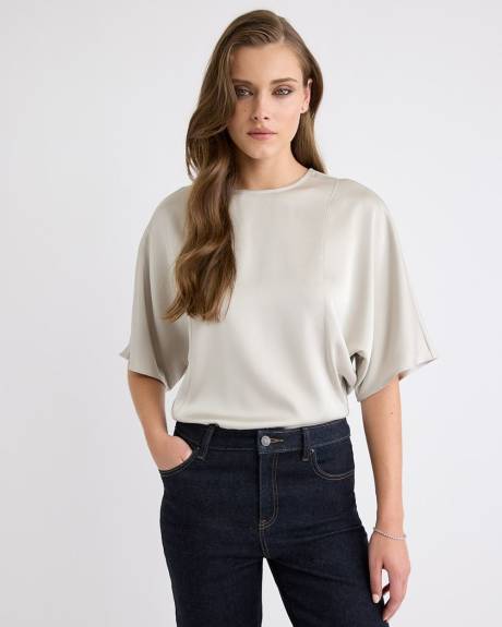 Long-Sleeve Crew-Neck Satin Blouse