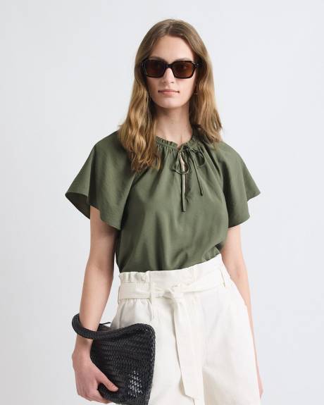 Split-Neck Blouse with Short Flutter Sleeves