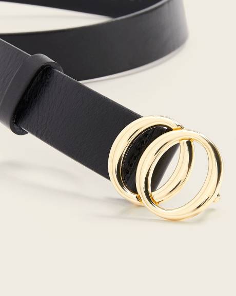 Black leather belt with double ring buckle