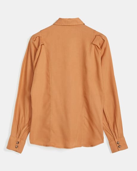 Lyocell Button-Down Blouse with Long Puffy Sleeves