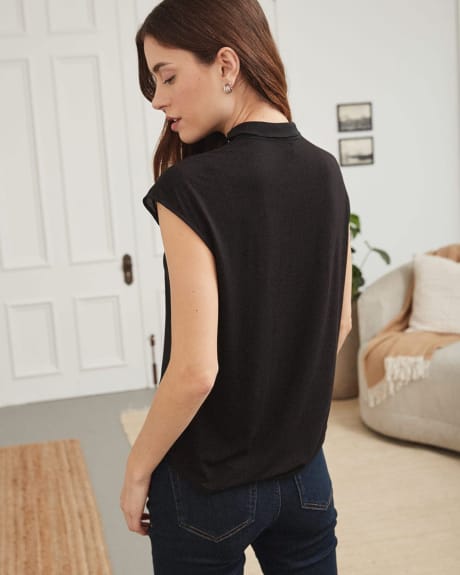 Black Mixed-Media Mock-Neck Tee with Extended Shoulders