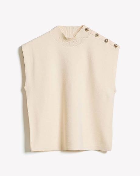 Sleeveless Mock-Neck Sweater with Buttons on Shoulder