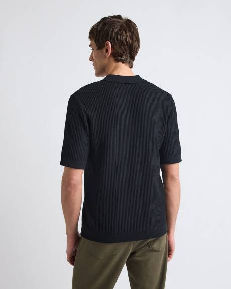 Short-Sleeve Half-Zip Textured Sweater with Shirt Neckline