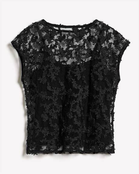 Haut en Dentelle à Col Rond et Manches Très Courtes