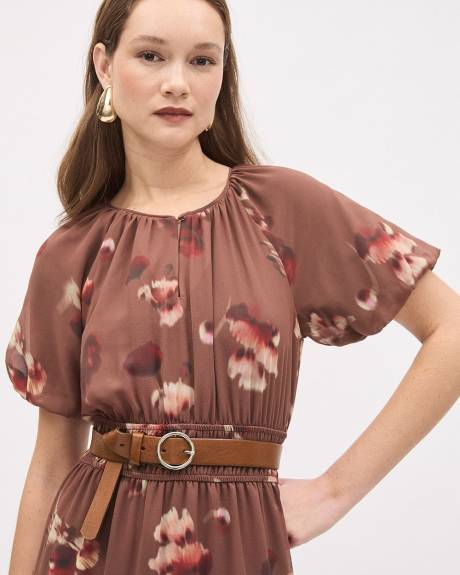 Short-Puffy-Sleeve Midi Dress with Crew Neckline