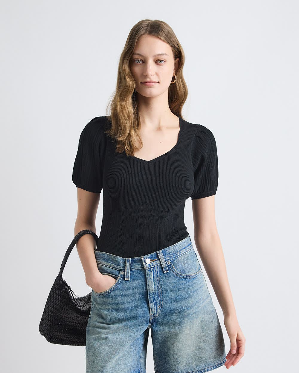 Puffy-Elbow-Sleeve Sweater with Sweetheart Neckline