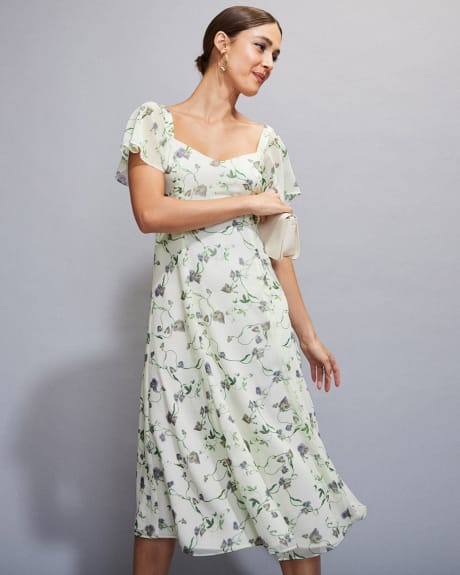 Short-Sleeve Midi Cocktail Dress with Sweetheart Neckline