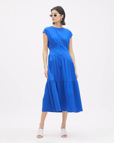 Robe Midi en Jersey &agrave; Col Rond et Manches Tr&egrave;s Courtes