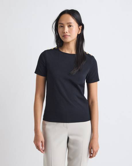 Short-Sleeve Crew-Neck Top with Buttons on Shoulder