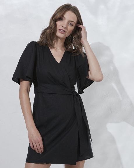 Short-Sleeve Wrap-Neck Linen Dress
