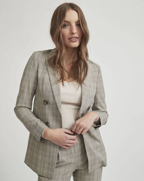 Grey Plaid Faux Double-Breasted Long Blazer